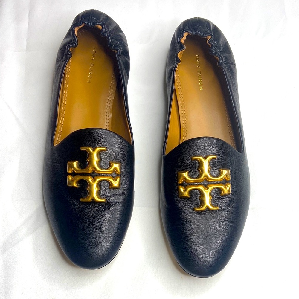 Tory Burch Black Flats with Gold Emblem
